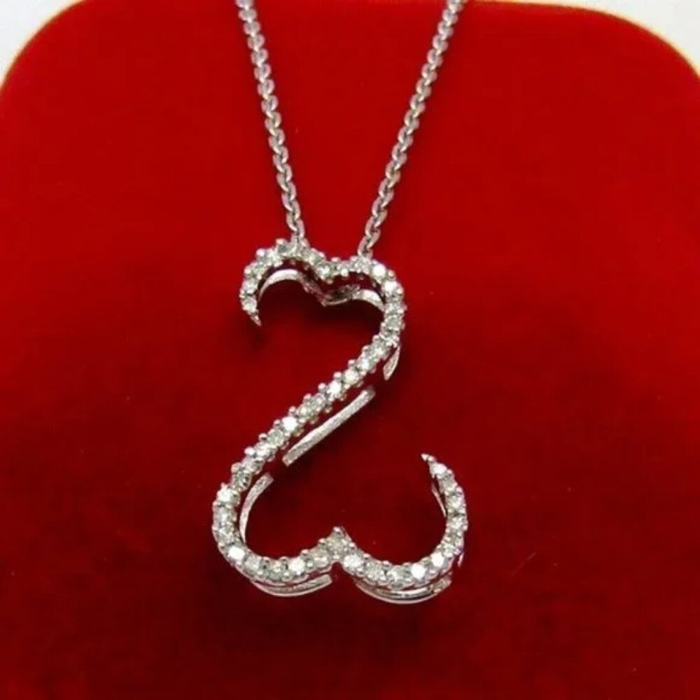 14K White Gold Diamond Open Hearts Pendant Necklace Natural Genuine Real